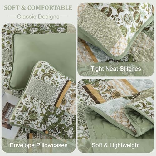 WONGS BEDDING Quilt Set Queen Size Green, 3 Pieces Patchwork Plaid Bedspread Coverlet Set, Floral Soft Microfiber Bedding Set for All Season(96"×90“) WONGS BEDDING