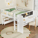 SOFTSEA Full Size Low Loft Bed with Desk & Storage, Solid Wood Full Loft Bed with Bookshelves, Storage Drawers, Boxes & Blackboard for Kids Juniors Boys Girls, White SOFTSEA