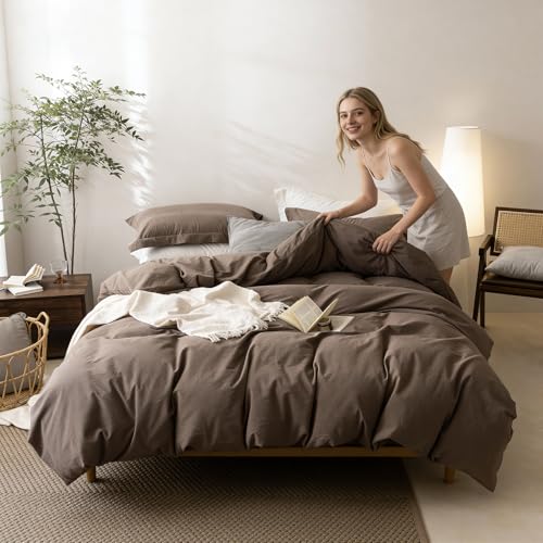 BDEAR Linen Feel Light Chocolate Brown Duvet Cover Twin Size 90'' L x 68'' W, Percale 100% Washed Cotton Duvet Cover with Zipper Closure Plus 1 Pillowcase, Oeko TEX Standard 100 Certificated BDEAR