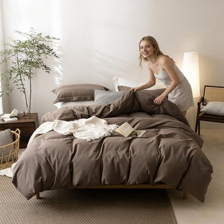 BDEAR Linen Feel Light Chocolate Brown Duvet Cover Twin Size 90'' L x 68'' W, Percale 100% Washed Cotton Duvet Cover with Zipper Closure Plus 1 Pillowcase, Oeko TEX Standard 100 Certificated BDEAR