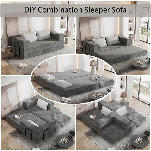 80" Folding Convertible Fold Out Sleeper Sofa Bed King Size , 5 in 1 DIY Combination Floor Couch Cozy Lounge Daybed with Curved Armrest and Throw Pillows for Living Room Apartment Chenille Fabric Eafurn