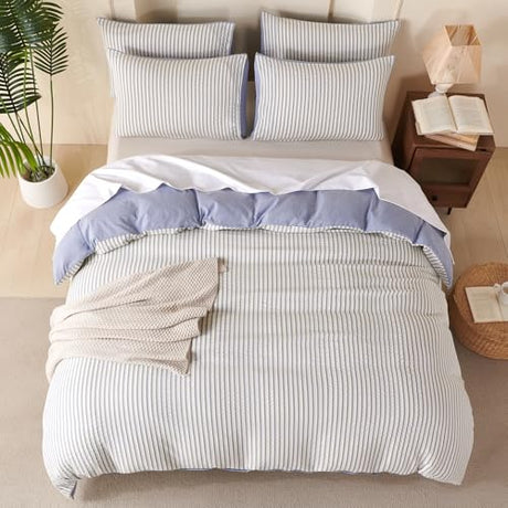BUPIRD Comforter Set King Striped Blue 100% Soft Washed Microfiber Jacquard 3 Pieces King Striped Bedding Sets Blue White Comforter for All Seasons and 2 Pillowcases Comfort Breathable BUPIRD
