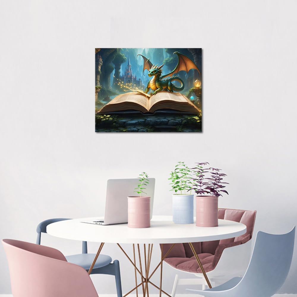 Rebotipy Paint by Numbers for Adults Beginner,Mysterious Open Book and Dragon Oil Painting Style Cute Dragon Canvas Paintting by Numbers Kits for Home Decor 16 * 20 inch Rebotipy