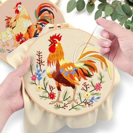 ERKOON 3 Sets Embroidery Kit, Floral Cross Stitch Set for Include Embroidery Cloth Hoops Threads for Craft Lover Hand Stitch (Rooster) ERKOON