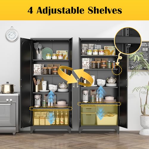 SteeLoong Kitchen Pantry Cabinet,75 Inch Black Metal Storage Cabinet with Door and Adjustable, Tall Pantry Cabinets for Kitchen Storage,Cupboard for Living Room,Dining Room and Bathroom SteeLoong