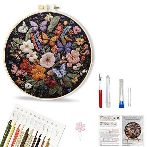 Huacan Embroidery Kit for Beginners Adults Includes Stamped Flowers Butterfly Pattern, Hoop, Color Threads,Tools,Easy to Follow Instruction