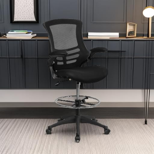 Flash Furniture Kelista Mid-Back Swivel Office Chair with Adjustable Seat Height, Ergonomic Mesh Desk Chair with Flip-Up Armrests, Black - WoodArtSupply