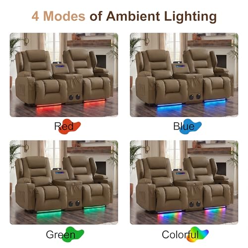 DRMBOOK Power Loveseat Recliner Sofa, Faux Leather Wall Hugger Reclining Couch with Console, Electric Double Reclinable Movie Seating 2 Person Recliner with LED/USB/Type C/Bluetooth Speakers, Khaki
