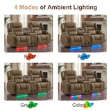 DRMBOOK Power Loveseat Recliner Sofa, Faux Leather Wall Hugger Reclining Couch with Console, Electric Double Reclinable Movie Seating 2 Person Recliner with LED/USB/Type C/Bluetooth Speakers, Khaki