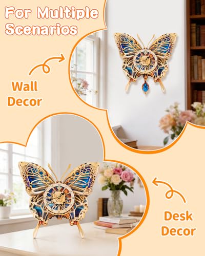 Rnfinewow 3D Puzzles for Adults, Butterfly Design Clock Kit with Pendulum, Beginner 3D Wooden Puzzle Model Kit Wall Decor, Butterfly Puzzle DIY Crafts for Mom, Women and Grandma Rnfinewow