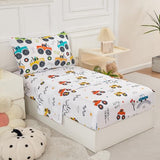 PERFEMET Toddler Bedding Set 4 Pieces Bed Set for Boys All Seasons 1 Deep Pocket Sheet and 1 Lightweight Comforter Soft Cute Colorful Pattern Cozy Children Bedroom Cars White PERFEMET