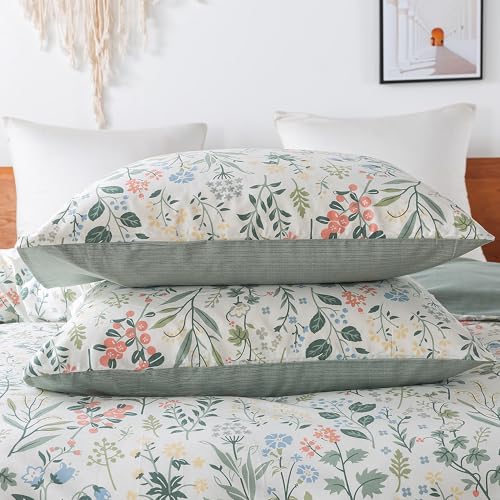 HoneiLife Duvet Cover Queen Size - 100% Cotton Comforter Floral Breathable Duvet Cover with Zipper Closure & Corner Ties,3pcs Wildflower Comforter Cover Sets- Fragrant Grass HoneiLife