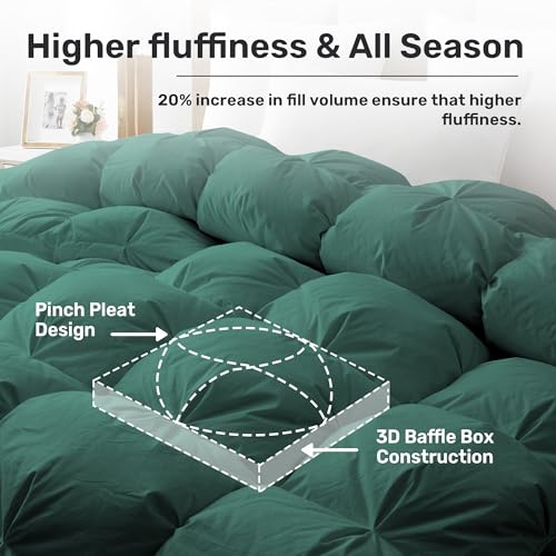 UNIKOME Pinch Pleat Goose Feather Down Comforter - 20% Extra Fill, 90oz, All Season Duvet Insert with 100% Cotton Cover, Cloud-Like Fluffiness (Green, Queen/Full, 90"X90") UNIKOME