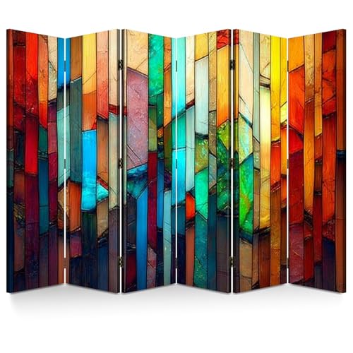 Wood Screen Room Divider Colorful Stained Glass Window Abstract Stained Glass Art Folding Screen Canvas Privacy Partition Panels Dual-Sided Wall Divider Indoor Display Shelves 6 Panels HABEN ARTWORK