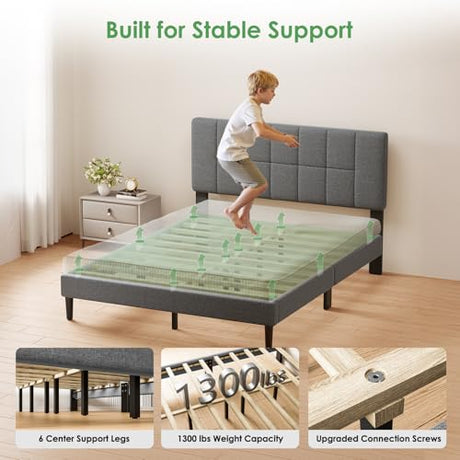 Marsail Queen Size Bed Frame - Upholstered, Adjustable Headboard,6"-12" Mattress Fit, 1300 lbs Capacity, Sturdy 12-Leg Wood Construction, Easy Assembly, Dark Gray Marsail