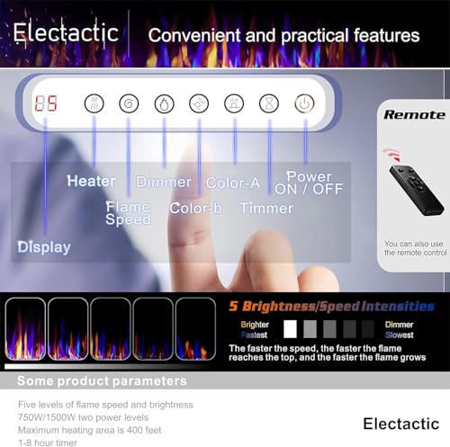 Electactic 36 Inch Electric Fireplace Insert Ultra-Thin - Recessed & Wall-Mounted Fireplace Heater with Thermostat, Adjustable Flame, Remote Control - Linear with Timer, Touch Screen, 750/1500W Electactic