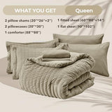 HYMOKEGE Linen Queen Comforter Set Seersucker 7 Pieces, All Season Luxury Bed in a Bag Queen for Bedroom, Bedding Set with Comforter, Sheets, Pillowcases & Shams HYMOKEGE