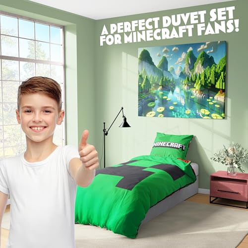 Get Trend Minecraft Single Duvet Cover Set with Pillowcase for Boys, 53"x79", Reversible Creeper TNT, Soft Boys Bedding, Gamer Gifts for Kids (Green Minecraft) Get Trend