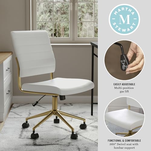 Martha Stewart Ivy Armless Swivel Task Chair for Home Office in White Faux Leather with Polished Brass Frame Martha Stewart