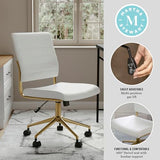 Martha Stewart Ivy Armless Swivel Task Chair for Home Office in White Faux Leather with Polished Brass Frame Martha Stewart