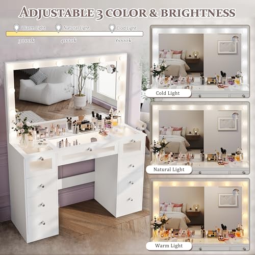IFSEB Makeup Vanity Desk with LED Lights and Large 36.9’’ Mirror, 9 Drawers Vanity with Glass Top & 3 Color Hollywood Bulbs, Make Up Vanity with Charging Station & Crystal Knobs for Woman, White IFSEB