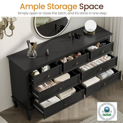 May in Color 7 Drawers Dresser for Bedroom, Modern Dresser with Distinctive Wooden Legs & Black Paint Finish, Black Drawer Dresser with Spacious Storage Space for Bedroom, Living Room, Hallway