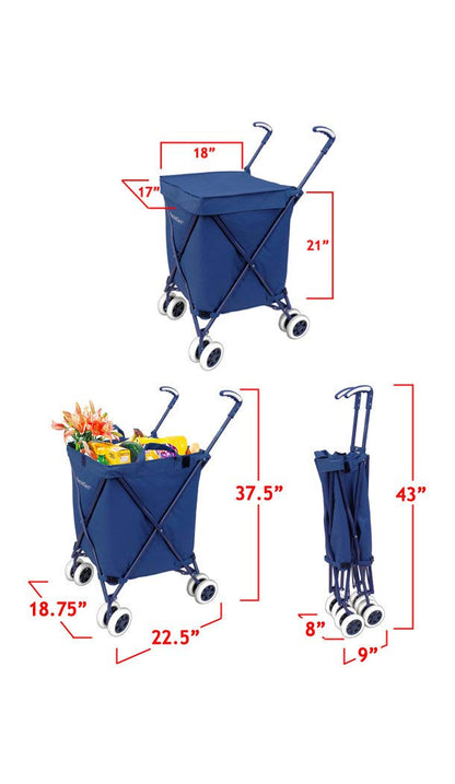 VersaCart Transit -The Original Patented Folding Shopping and Utility Cart, Water-Resistant Heavy-Duty Canvas with Cover, Double Front Swivel Wheels, Compact, Transport Up to 120 Pounds, Blue