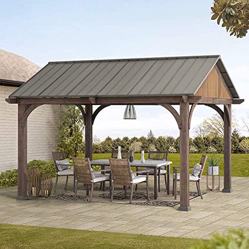 Sunjoy 12 x 14 ft. Hardtop Gazebo Premium Brown Cedar Wood Frame Gable Roof Gazebo with Ceiling Hook by SummerCove - WoodArtSupply