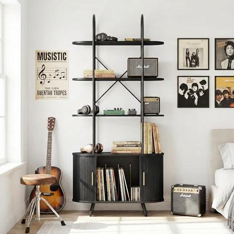 Tall Vinyl Record Player Stand, 4 Tier Arched Bookshelf with Sliding Doors, Retro Small Record Storage Cabinet, Fluted Media Display Shelf, Mid Century Modern Turntable Stand for Living Room, Black Quelthar