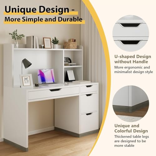 MaverickFurni White Desk with Hutch and Drawers, 53 Inch Computer Desk with Storage File Drawer, White Study Desk with 4 Drawers for Bedroom, Small Space MaverickFurni