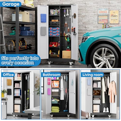 GLADIW Garage Storage Cabinet with Wheels, Broom Closet Storage Cabinet with Pegboards and Adjustable Shelves, Metal Tool Cabinet with Lockable Door for Garage Home, Black and White GLADIW