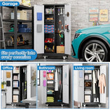 GLADIW Garage Storage Cabinet with Wheels, Broom Closet Storage Cabinet with Pegboards and Adjustable Shelves, Metal Tool Cabinet with Lockable Door for Garage Home, Black and White GLADIW