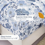 Mooreeke Queen Size Sheets Set - 4 Piece Soft Breathable Microfiber Bed Sheet Set - Blue & White Flower Pattern Sheet Set Queen - Deep Pocket Non-Slip Floral Fitted Sheet Included for All Season Mooreeke