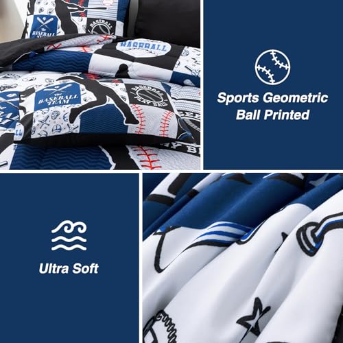 A Nice Night Sports Geometric Grid Black Patchwork Baseball Printed for Boys Twin 6Pcs Bed in A Bag Comforter Bedding Set,Blue A Nice Night