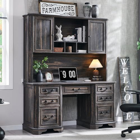 T4TREAM 59" Farmhouse Executive Desk with Hutch,Wood Home Office Computer Desk, Featuring Keyboard Tray,Charging Station,File Drawer, Storage Cabinet,for Work and Study (Dark Rustic Oak) T4TREAM