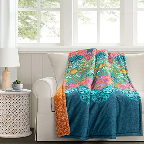 Lush Decor Boho Chic Reversible Throw Blanket Single 50" W x 60" L Turquoise & Navy - Colorful Throw Blankets for Bed - Couch Blankets - Boho Blanket Lush Decor