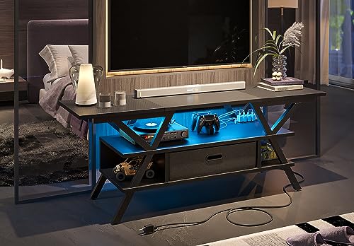 Bestier LED TV Stand with Power Outlets for 65 Inch TV, 55 inch Entertainment Center with Removable Drawer for Living Room Bedroom, Gaming TV Stand 20 Dynamic RGB Modes, Carbon Fiber Black Bestier