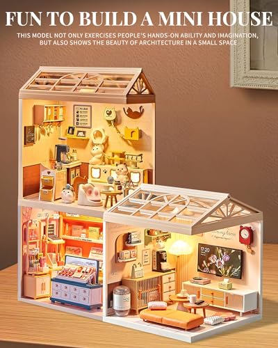 Kisoy DIY Miniature House Kit, Tiny House Building Kit with Furniture and LED Light for Teens and Beginners, DIY Mini House Craft Kit, Christmas Decorations/Gifts for Family and Friends (Cat Cafe)