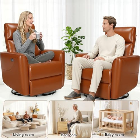 Himimi Power Recliner Chair, Swivel Rocker Recliner with Massage and Heat, Nursery Glider for Living Room, Small Space, Faux Leather, USB, Side Pockets, Orange-Brown Himimi