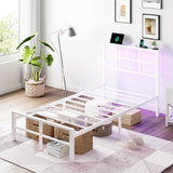 VINGLI Twin Bed Frame with Storage Headboard, LED Lights, and Charging Station, Single Metal Platform Pannel Bed with Wooden Storage Shelf, Underbed Storage Space, Apartement, White VINGLI