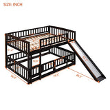Merax Full Over Full Bunk Bed with Slide, Low Bunk Bed with Fence and Ladder, Solid Pine Wood Structure forBedroom, Espresso Merax