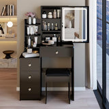 Montary 29.2" Small Size Vanity Desk Set with Plush Cushioned Stool - Sliding Mirror with Adjustable LED Light, Drawers, Multi-Layer & Hidden Storage,Practical & Stylish, Black Montary