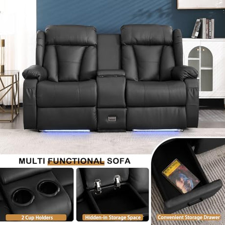 DUNELLA 66" Power Loveseat Recliner Sofa, Home Theater Seating with Console, Electric Recliner RV Sofa with USB/Type-C/Storage/Side Pocket/LED Light for Travel Trailers (Black) DUNELLA