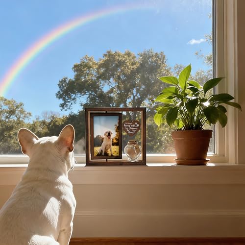 Dog Memorial Gifts for Loss of Pet - Rotating Wooden Frame for 4x6 Photo & Fur Hair Jar - Sympathy Gift for Pet Bereavement, Remembrance Keepsake - Rainbow Bridge Gift for Dog Lovers & Cat Lovers