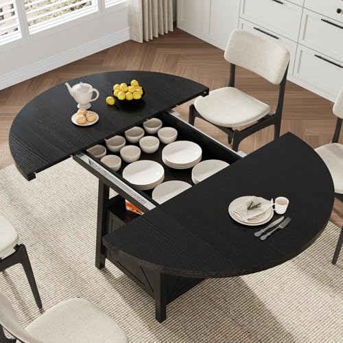 COSYSHINY 43.3"-59" Extendable Round Dining Table with Detachable Extension Plate for 4-8 People; Oval Kitchen Dining Table Equipped with Shelf and Storage Box for Kitchen Living Room (Black) COSYSHINY