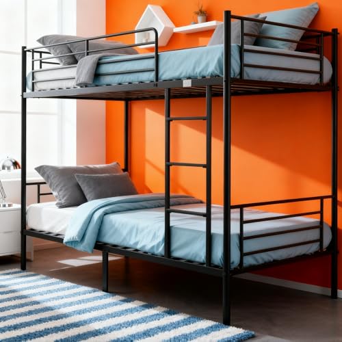 VINGLI Bunk Bed Twin Over Twin for Kids, Teens and Adults,Metal Bunk Bed with Ladder and Flat Rungs, Heavy Duty Metal Slats Support, No Box Spring Needed, for Dorm,Bedroom,Black VINGLI