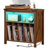 Joaxswe Large Record Player Stand with Charging Station & LED Lights, Brown Vinyl Record Storage Holder Holds up to 230 Albums, Turntable Stand with Display Shelf for Music Room Bedroom Living Room. Joaxswe