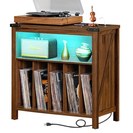 Joaxswe Large Record Player Stand with Charging Station & LED Lights, Brown Vinyl Record Storage Holder Holds up to 230 Albums, Turntable Stand with Display Shelf for Music Room Bedroom Living Room. Joaxswe