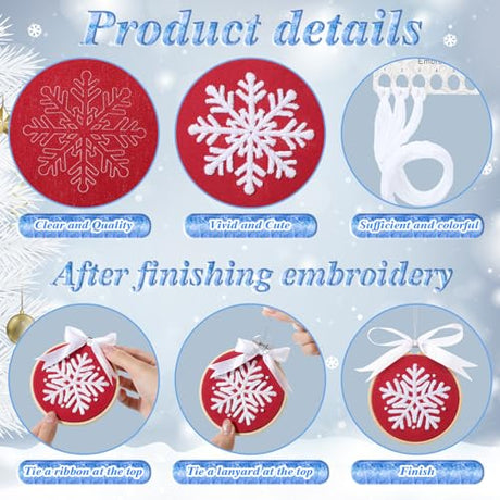 Roowest 6 Sets Winter Embroidery Kits for Beginners Adults Winter Snowflakes Cross Stitch Embroidery Ornament Kit DIY Craft Needlepoint Sets with Pattern Instructions Thread Needle Ribbon(Red) Roowest