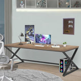 IBF Wood Large Computer Desk, 70.8” Long Home Office Desk for two Person, Farmhouse Work Study Writing Table in Bedroom, Simple Wide Metal Executive Double PC Gaming Workstation, Rustic Oak IBF